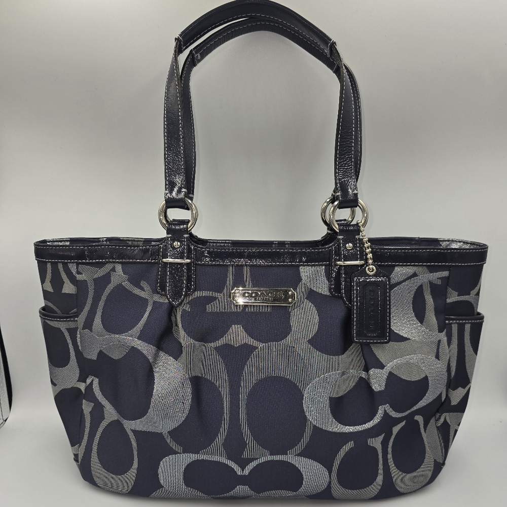 COACH F19664 Gallery Optic Sig Tote Shoulder Bag Navy Blue Jacquard Leather Trim - Picture 1 of 12